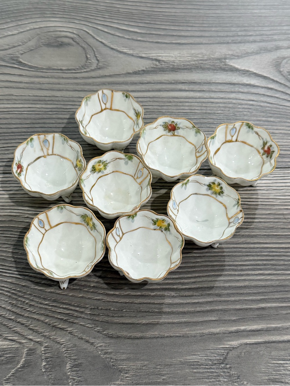 Set of 8 Floral Porcelain Salt or Pepper Bowls with Gold Trim